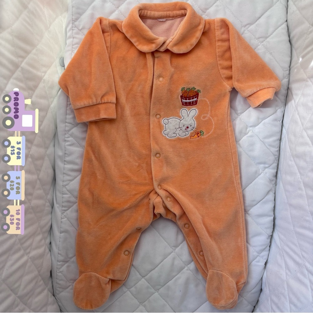 🐣 3M Orange Velour Onesie Footies Bunny Embroidery Easter Long sleeves Carrot